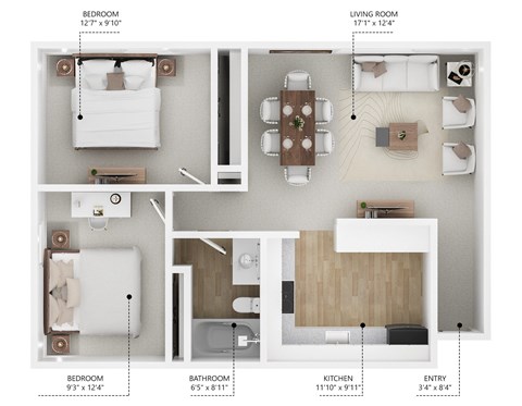 A diagram shows the layout of a living space with a bedroom, living room, kitchen, bathroom, and entry.